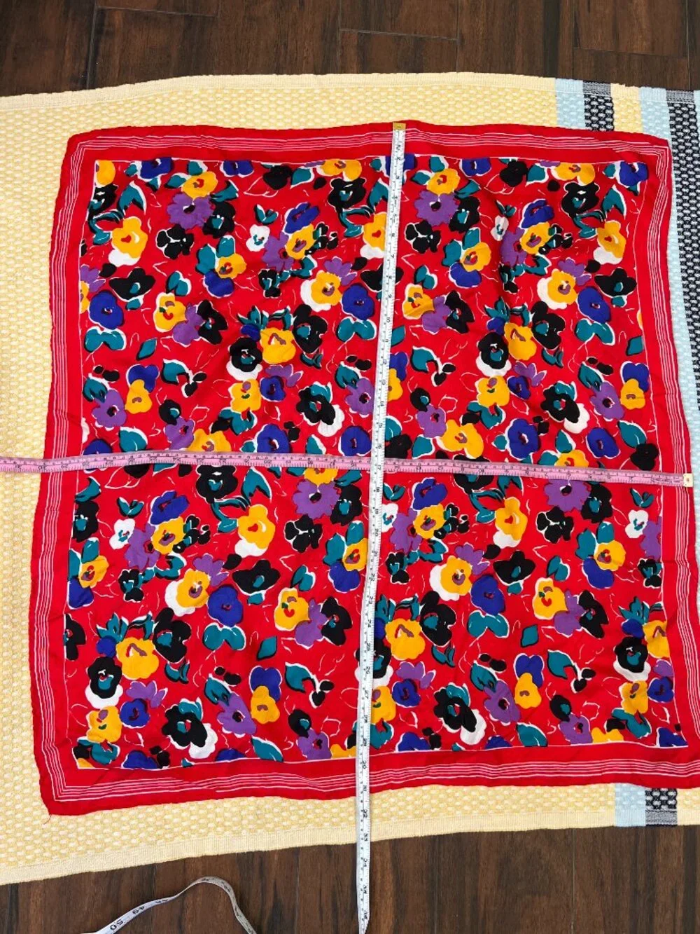 Vintage Bright Red Multicolor Floral Print Square Scarf